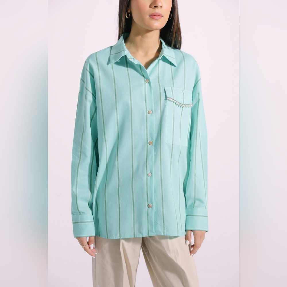 Ethnic Brand Women's Button Down Printed Tunic Shirt With Embellishments, Medium
